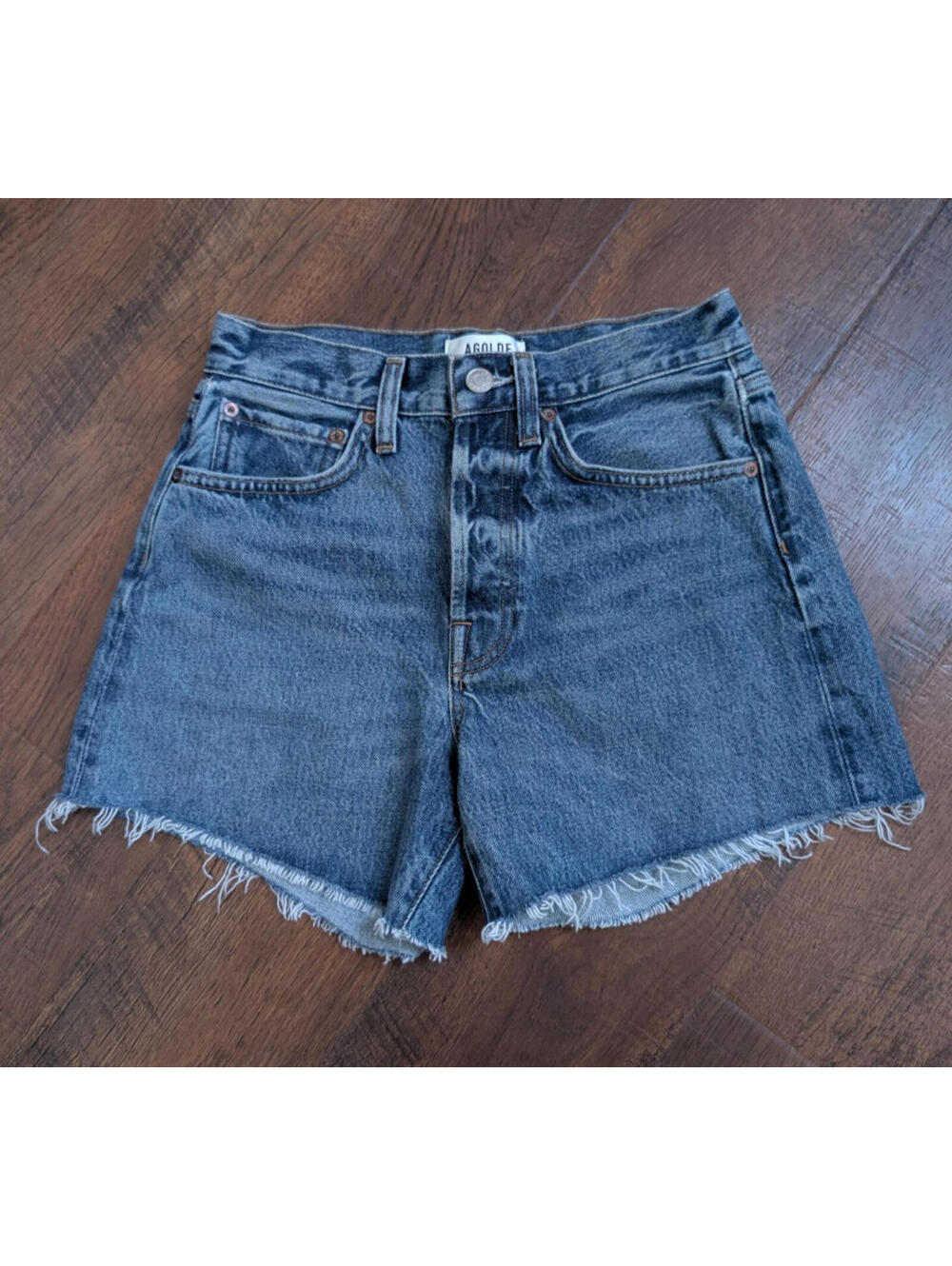 Agolde Parker High Rise Button Fly Denim Shorts Size 23 Medium Wash Cutoff